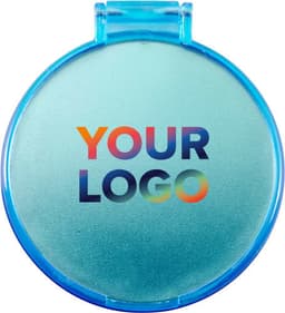 A blue pocket mirror with a clear exterior and a logo printed on the surface.