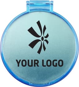 A round pocket mirror in a blue case featuring a logo on the front.