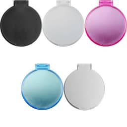 A collection of pocket mirrors in black, clear, pink, teal, and white colours, each with a circular design.