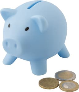 A blue PVC piggy bank in the shape of a pig, accompanied by three coins beside it.
