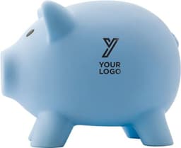 A blue PVC piggy bank with a logo on the side, featuring the traditional pig shape and stubby legs.