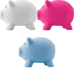 Three PVC piggy banks in white, pink, and blue, featuring simplistic designs and small black eyes.