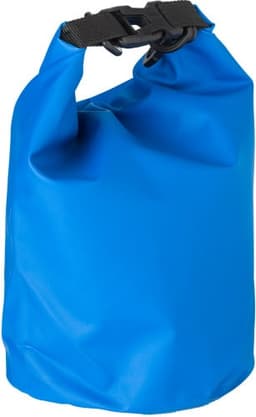 A blue PVC watertight bag features a secure black strap closure and has a smooth exterior surface.