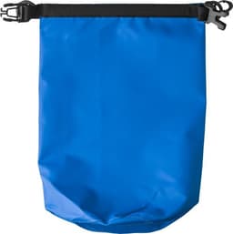 A blue PVC watertight bag features a black buckle closure and strap for secure sealing. It has a logo on the surface.