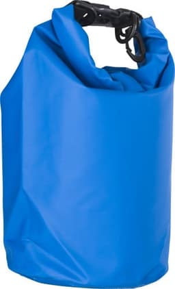 A blue PVC watertight dry bag features a roll-top closure and a black clip. It has a simple logo on the surface.
