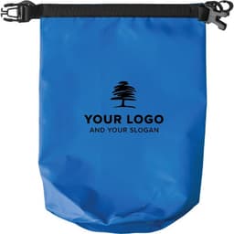 A blue PVC watertight bag with a black strap and a logo printed on the front.