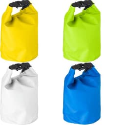 Four PVC watertight bags in yellow, green, white, and blue, each featuring a clip closure and a simple design.
