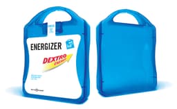 A blue rectangular container with a handle, featuring a logo and a label for Energizer Dextro Energy tablets.
