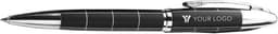 A sleek black metal ballpen with silver accents and a branding logo on the barrel.