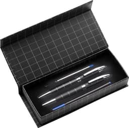 A metal writing set featuring three pens in a black box with a grid design. The pens include a blue ink option.