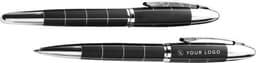 A metal writing set featuring sleek black pens with chrome accents and a branding logo.