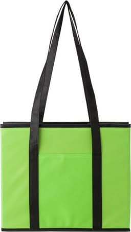 A green nonwoven car organiser with black straps and a front pocket, featuring a logo.