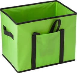A green nonwoven car organiser with black trim and handles, featuring a front pocket for additional storage.