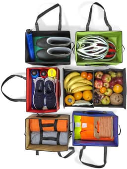 A set of colourful nonwoven car organisers containing shoes, a helmet, fruits, and various items, each with handles.