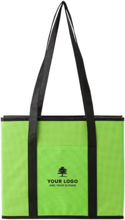 A green nonwoven car organiser with black straps and a logo on the front.