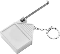 A white ABS key holder tape measure with a metal keychain, featuring a compact house-shaped design.
