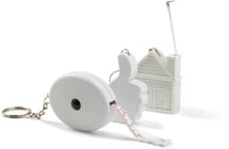 A white key holder tape measure in various shapes, including a thumbs-up and a house, with a keychain attachment.