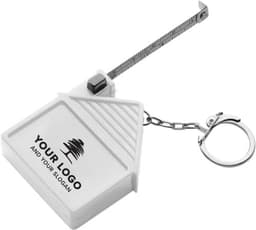 A white ABS key holder tape measure featuring a keyring attachment and a measuring tape. It includes a logo.