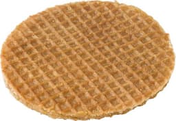 A round Dutch waffle biscuit in golden caramel colour with a textured surface. Features a branding logo.