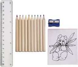 A set of eight coloured pencils, a pencil sharpener, and a ruler alongside a black and white drawing of a panda.