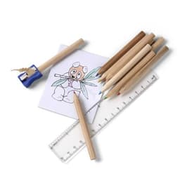 A set of coloured pencils in various shades, a sharpener, a ruler, and a drawing sheet featuring a bear design.