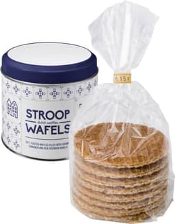 A tin of Dutch waffles in blue and white packaging, accompanied by a transparent bag of golden-brown waffles.