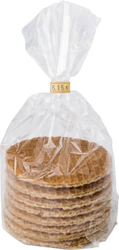 A bag of Dutch waffles, featuring multiple golden-brown, thin, round cookies wrapped in clear plastic.