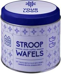 A round tin featuring blue and white design, filled with Dutch waffles, labelled "Stroopwafels," containing caramel, cinnamon, and vanilla.