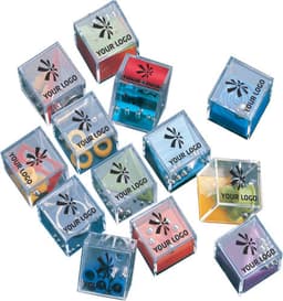 A collection of clear cube containers in various colours, filled with colourful game pieces. Each container has a logo.