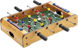 A wooden MDF football table game with blue, red, and yellow player figures, featuring a logo on one side.