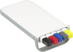 A writing set featuring four highlighters in red, blue, black, and yellow, in a sleek white and grey case with a logo.