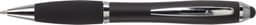 A black ABS ballpoint pen with a chrome accent and a textured grip. It features a branding logo.