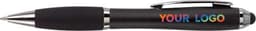 A black ballpoint pen with a textured grip and a stylus tip. The pen features a logo on the side.