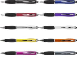 A collection of ABS ballpens in red, purple, yellow, orange, pink, grey, and black with chrome accents.