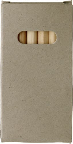 A wooden pencil set in a plain cardboard box, featuring several natural wooden pencils visible through a window.