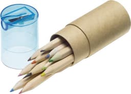 A cardboard tube containing coloured pencils in various shades, alongside a blue sharpener.