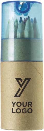 A cylindrical cardboard tube containing coloured pencils, topped with a blue plastic cap. It features a logo.