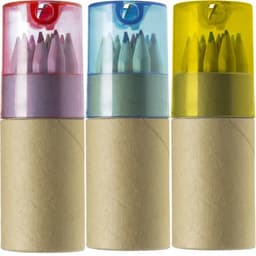 Three coloured pencil tubes in pink, blue, and yellow with cardboard bases, each containing assorted coloured pencils.