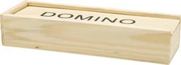 A wooden box containing a domino game, featuring a natural finish and minimalist design.