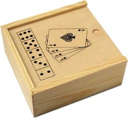 A wooden box featuring a game set with playing cards and dice imprints on the lid.