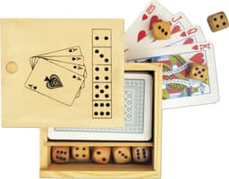 A wooden box containing a set of dice and playing cards, featuring a light wood finish and a decorative design on the lid.