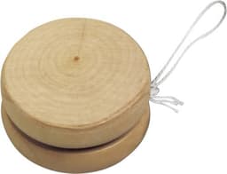 A wooden yo-yo in natural wood tones with a string attached, featuring a smooth, round design.
