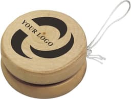 A wooden yo-yo with a natural finish, featuring a branding logo on one side and a string attached.