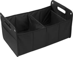 A black polyester car organiser with two sections and mesh pocket, featuring handles for easy carrying.