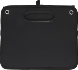 A black polyester car organiser with a handle and metal eyelets for attachment.