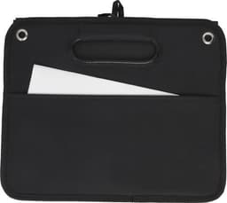A black polyester car organiser featuring a handle and a slip pocket for storing items. It has a logo on the surface.
