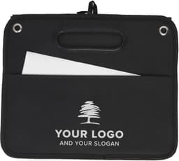 A black polyester organiser featuring a pocket for documents and a logo on the front.