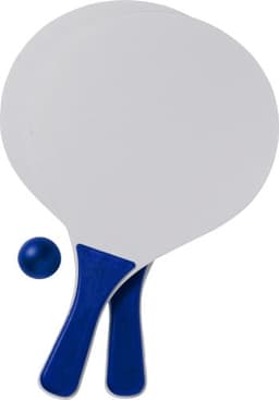 A wooden beach bat and ball set featuring two bats in white with blue handles and a blue ball.