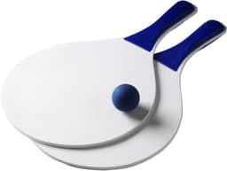 A wooden beach bat and ball set in white and blue, featuring two paddles and a blue ball.