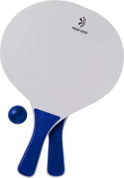 A wooden beach bat and ball set featuring blue handles and a logo on the bats.